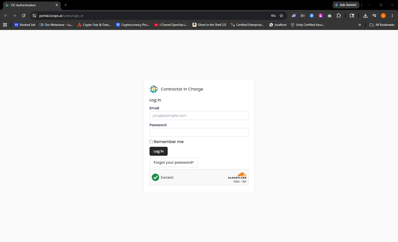 CIC portal browser authentication screen