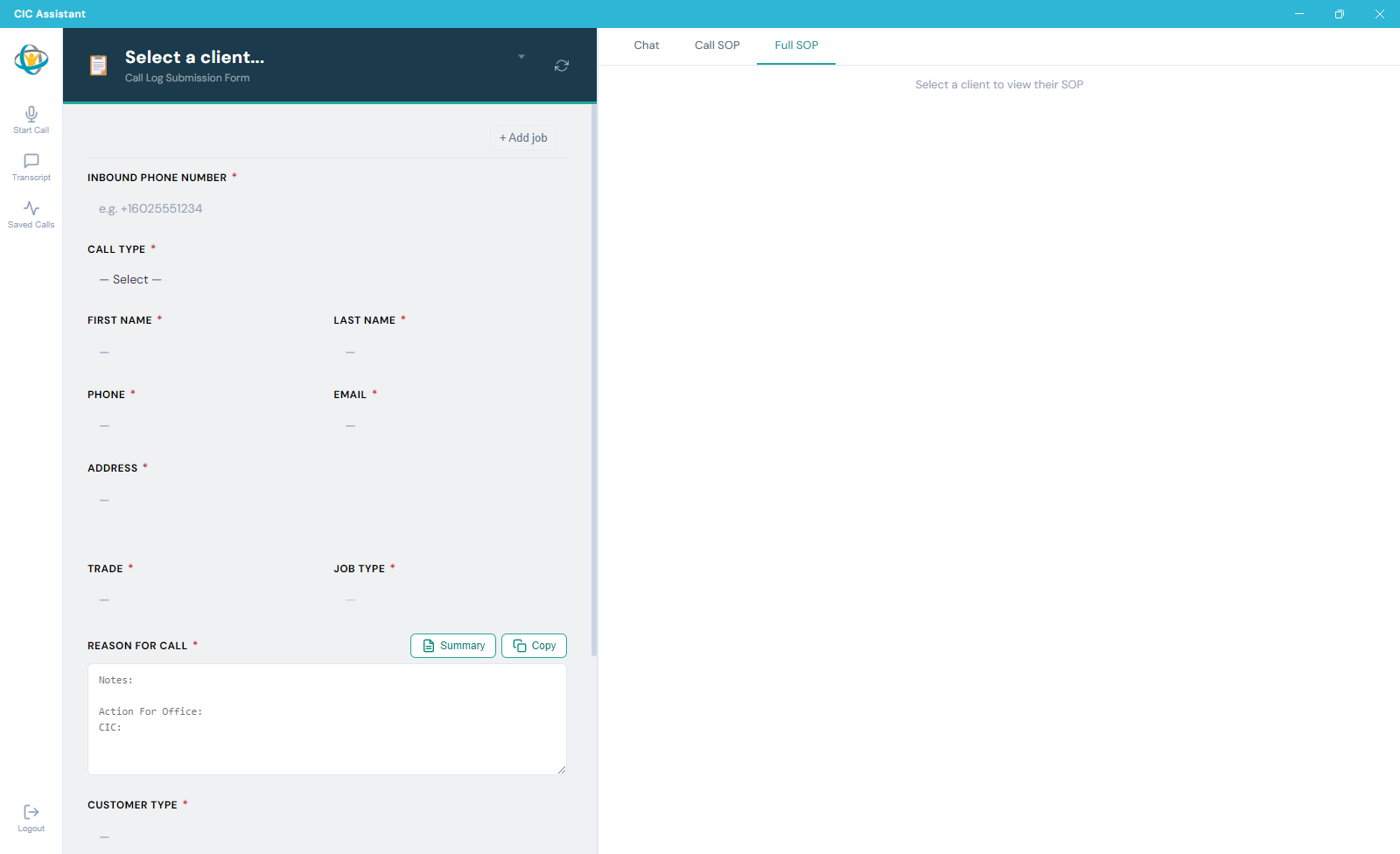 CIC Assistant main screen after login