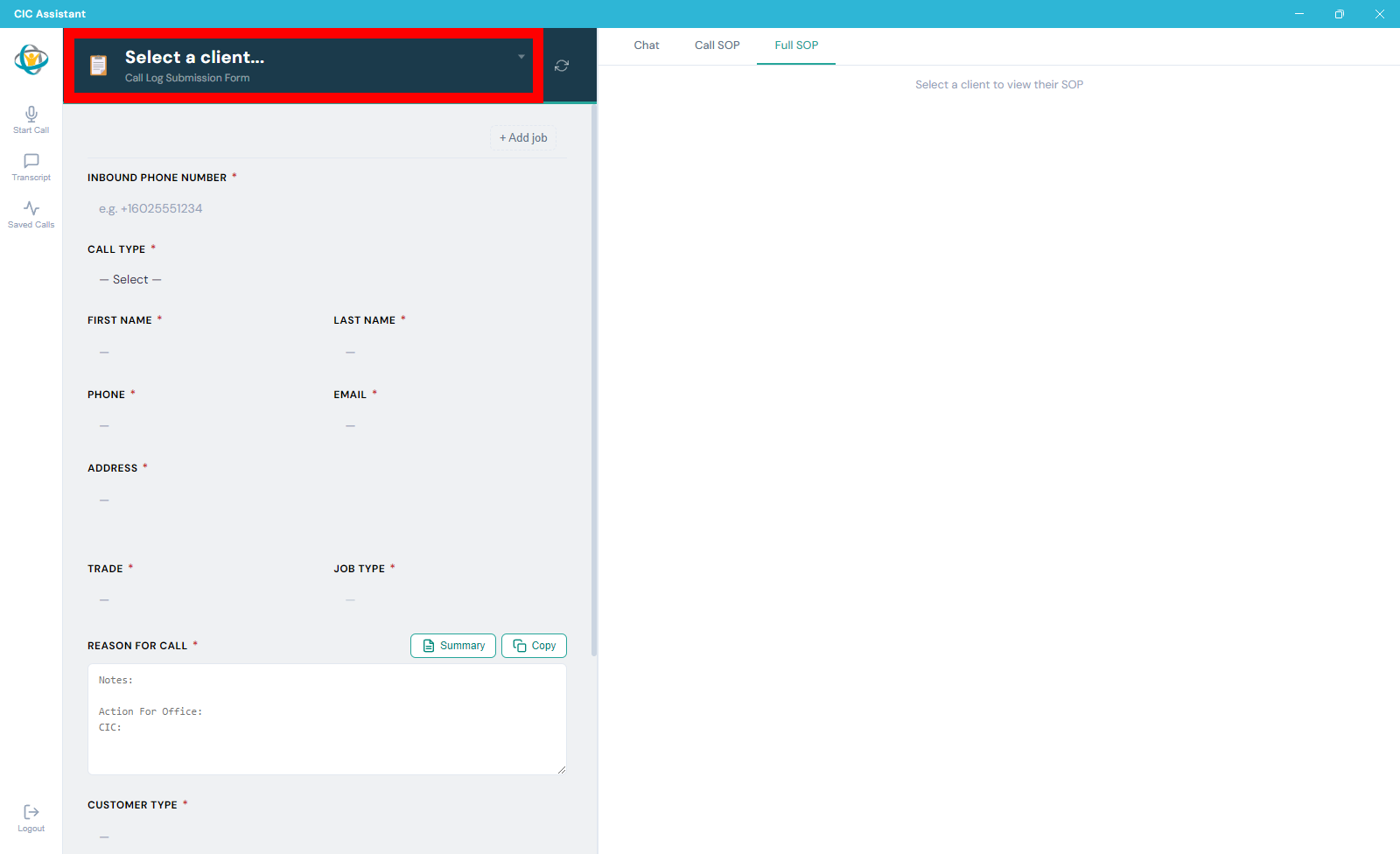 Client dropdown highlighted in the CIC Assistant header