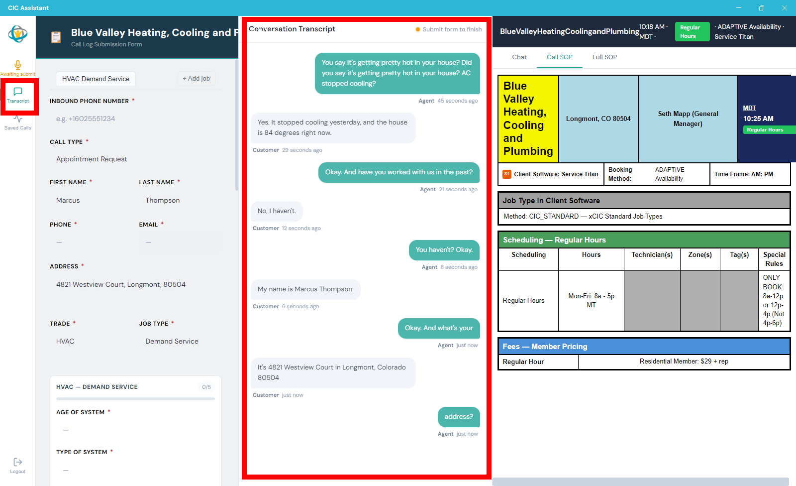 Conversation Transcript panel highlighted in CIC Assistant