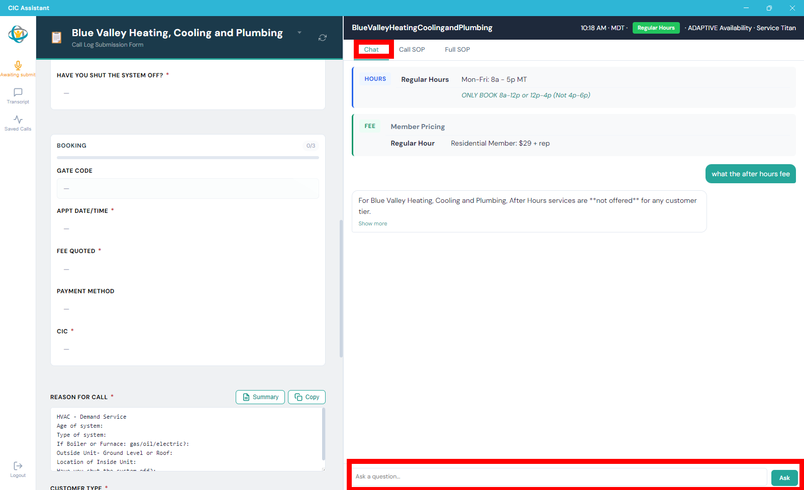 CIC Assistant Chat tab and ask a question box highlighted