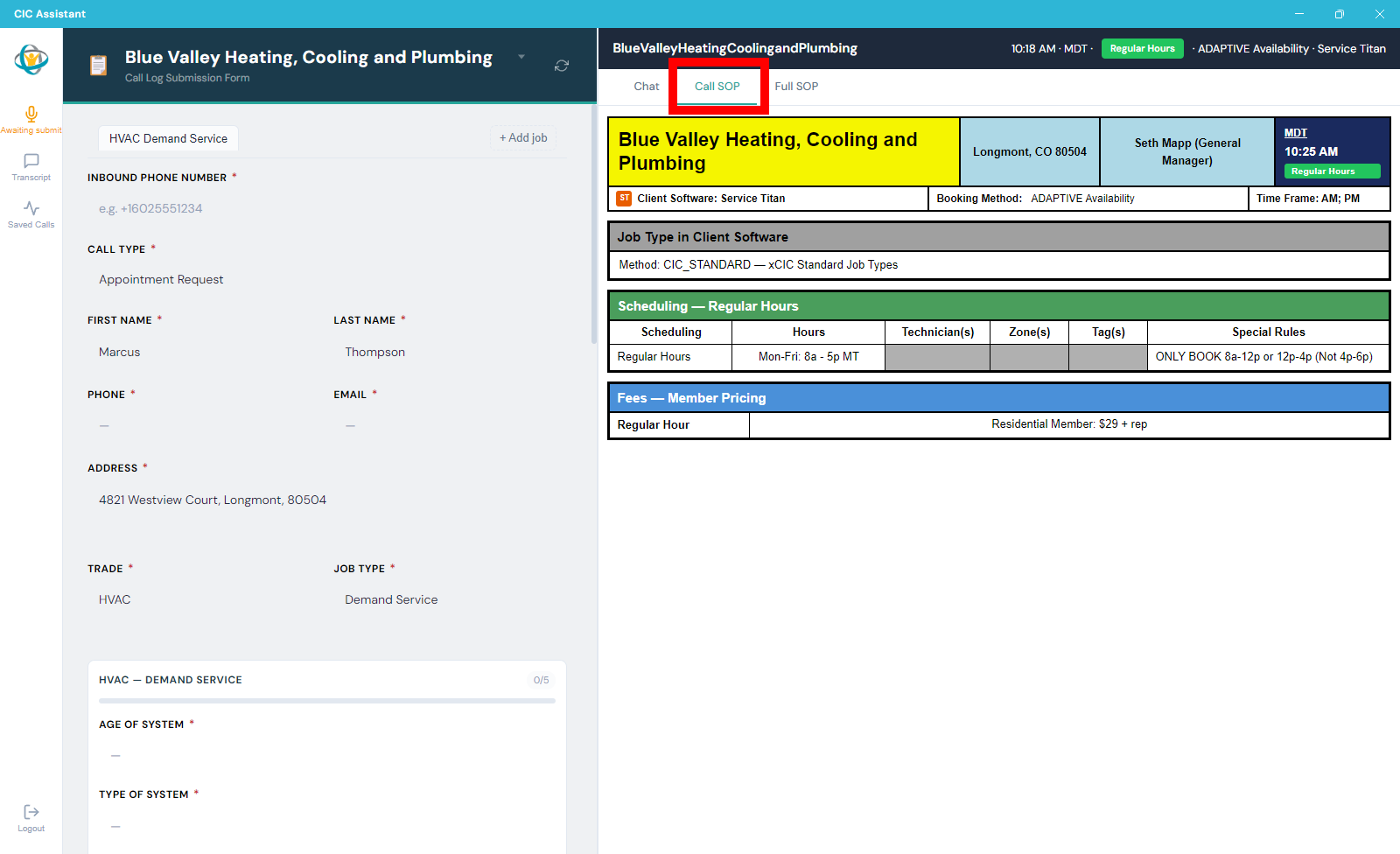Call SOP tab highlighted with focused SOP information