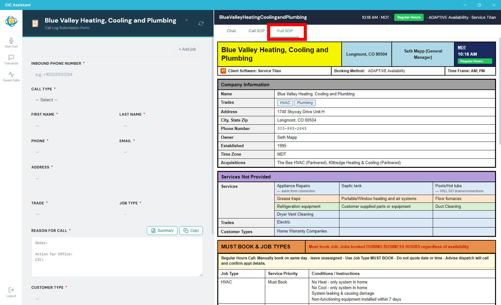 Full SOP tab highlighted with full client SOP details