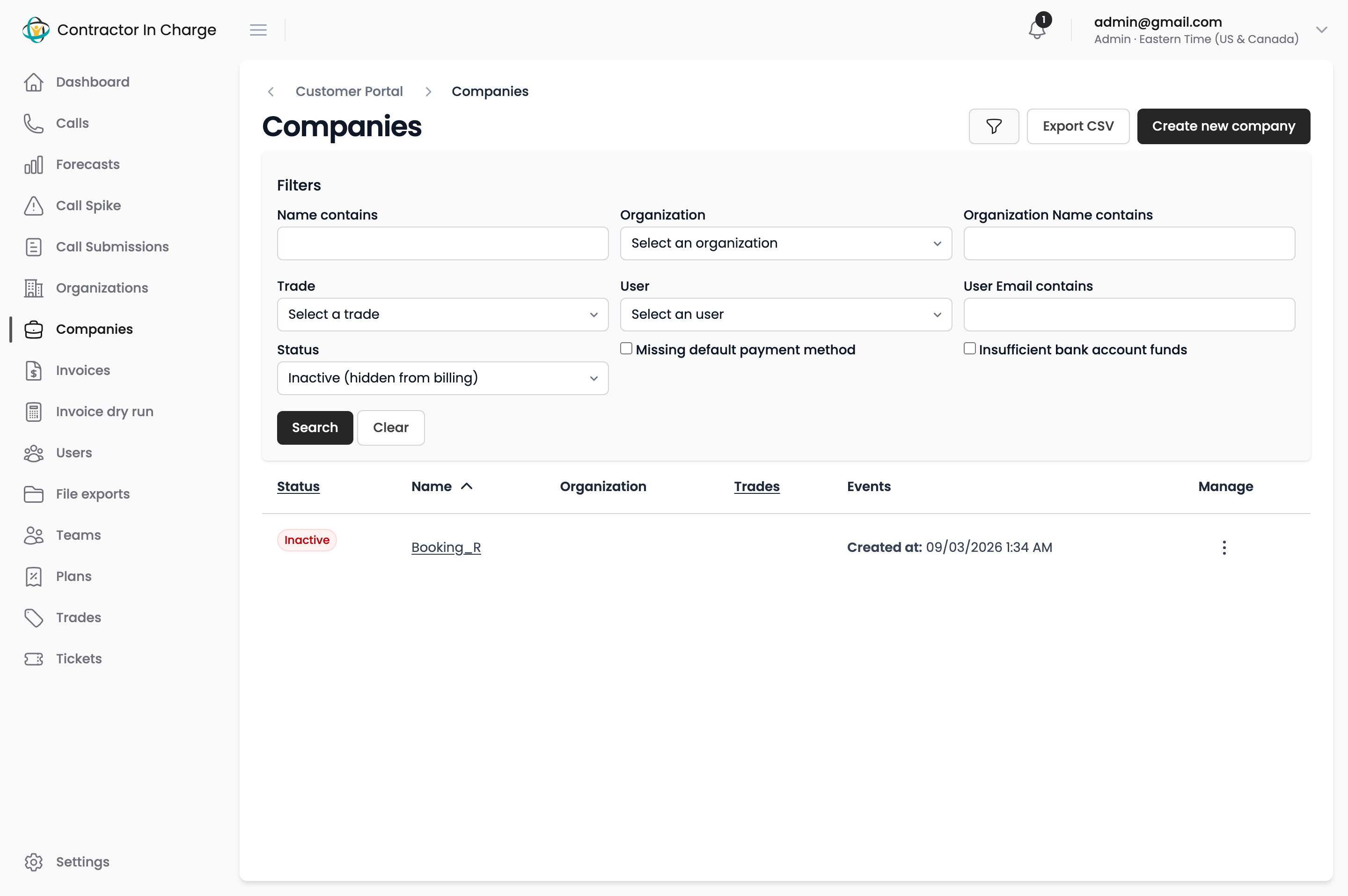 Companies page filtered to inactive companies