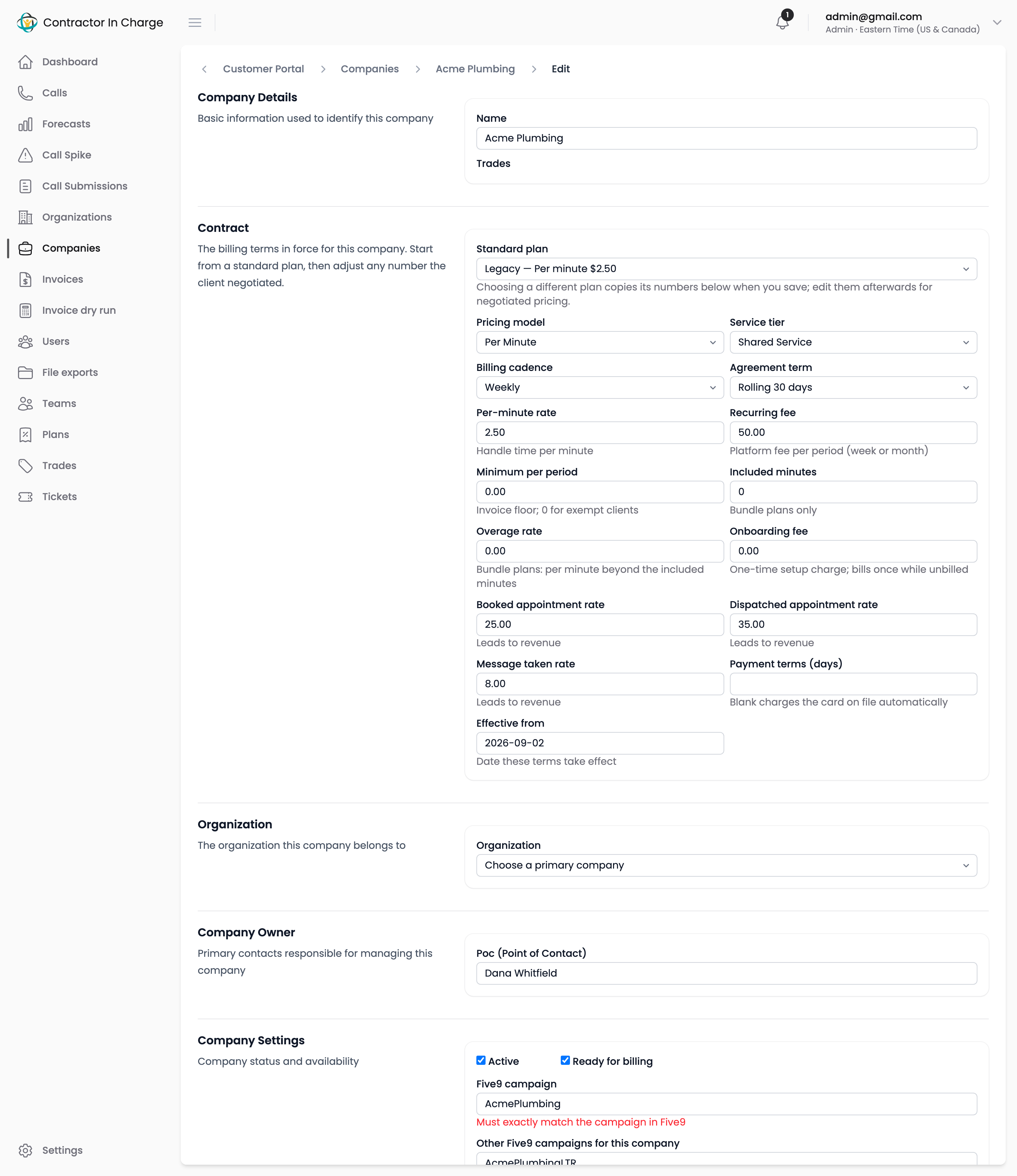 Contract section of the company edit form