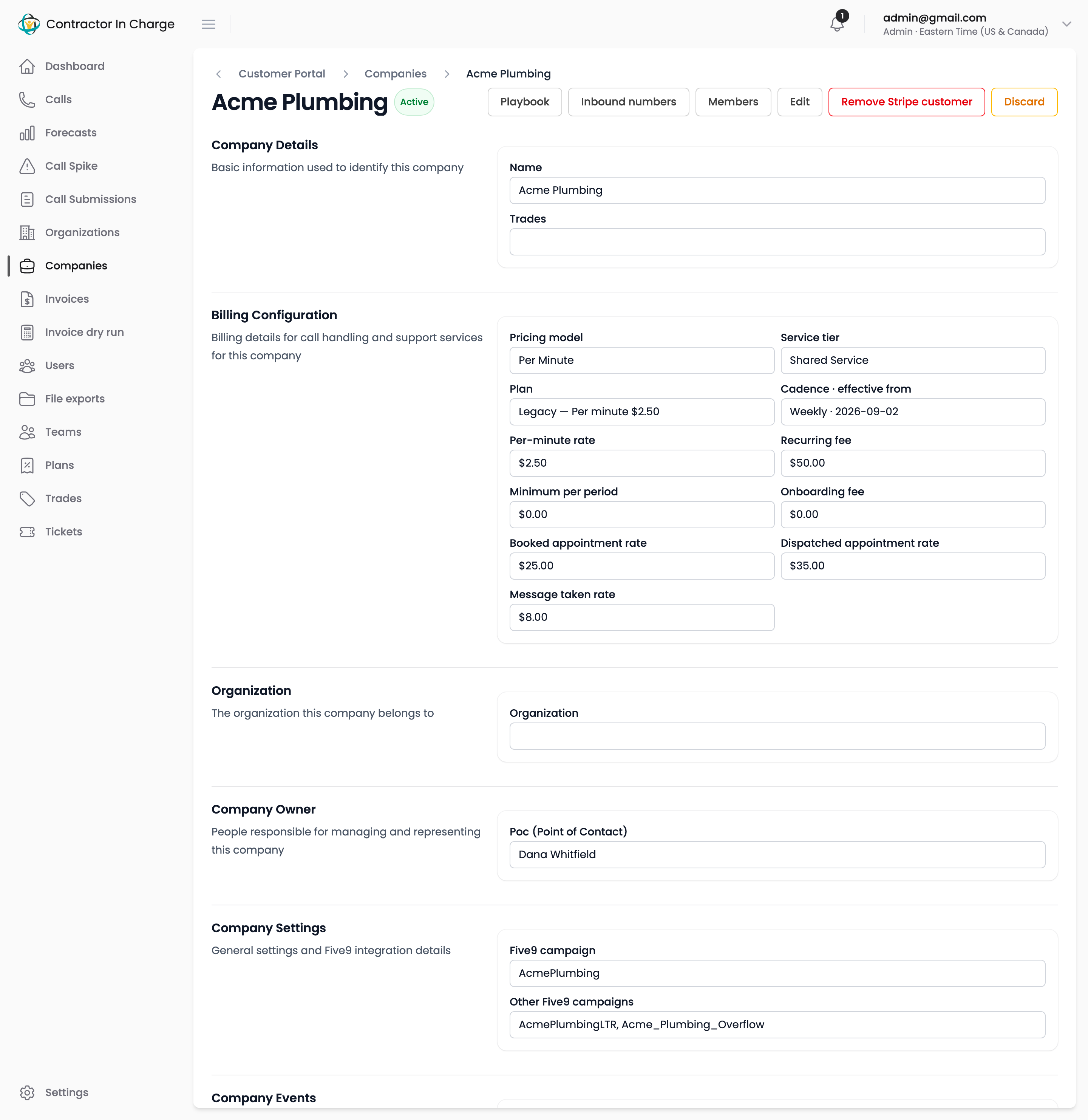 Company page showing the Billing Configuration section with the contract in force