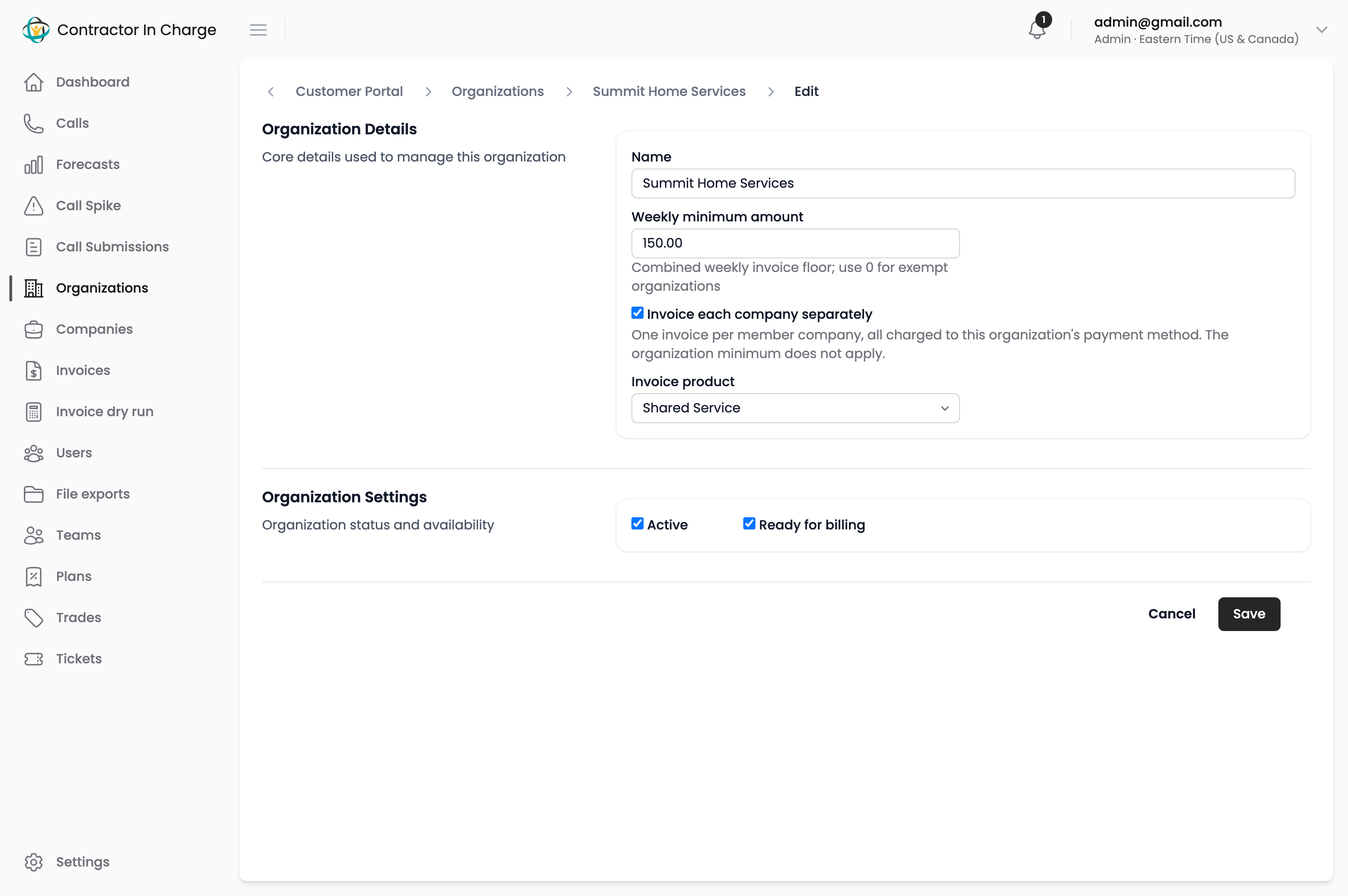 Organization edit page with the weekly minimum and separate-invoices settings