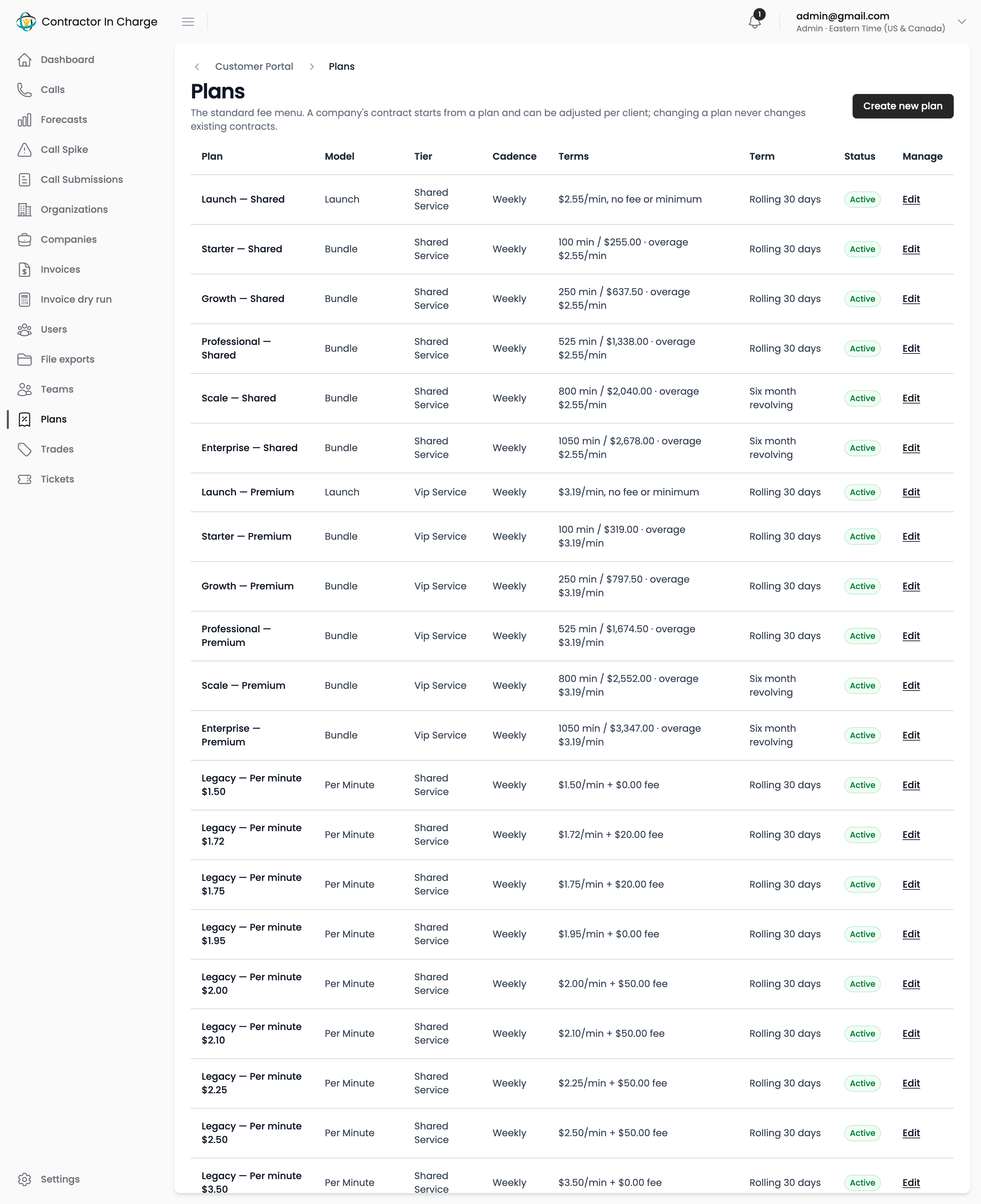 Plans list showing the standard menu and legacy plans with their pricing summary