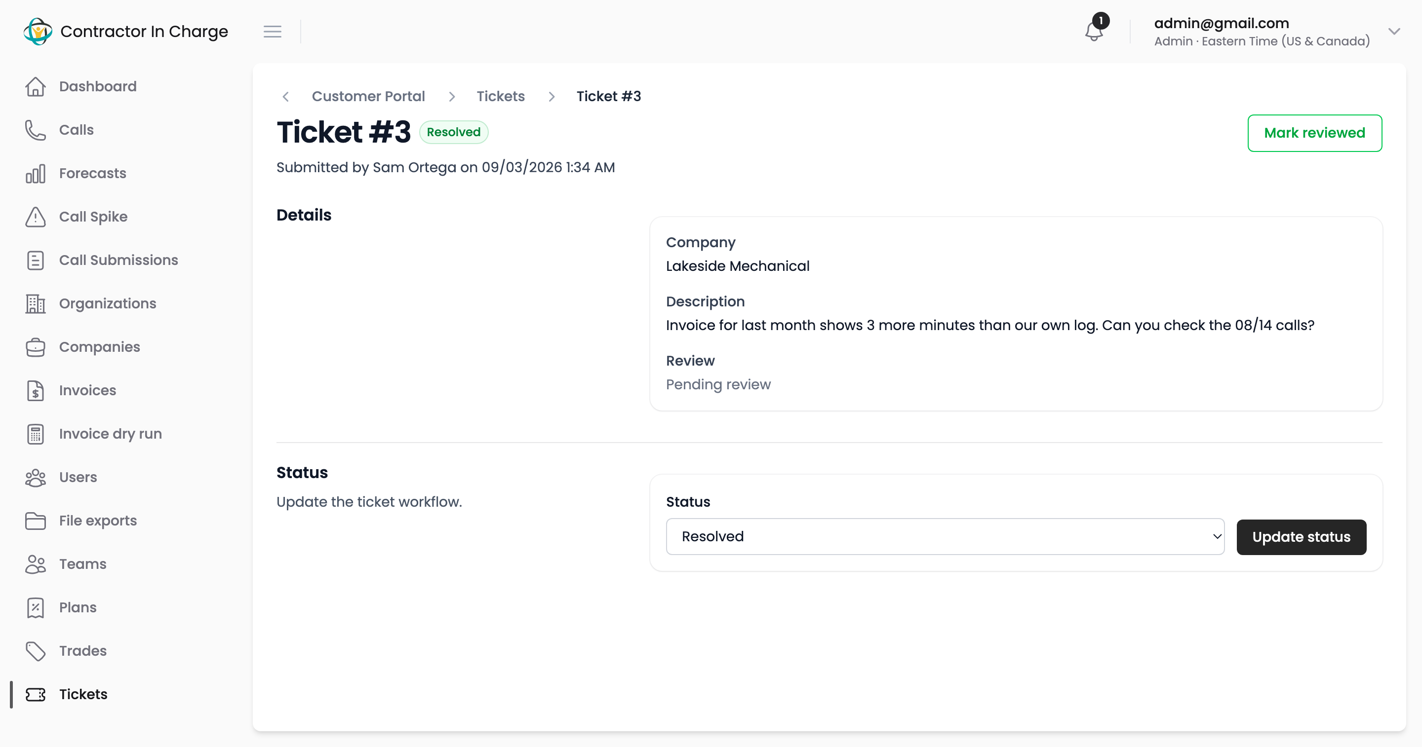 A single ticket with its description, status and review information