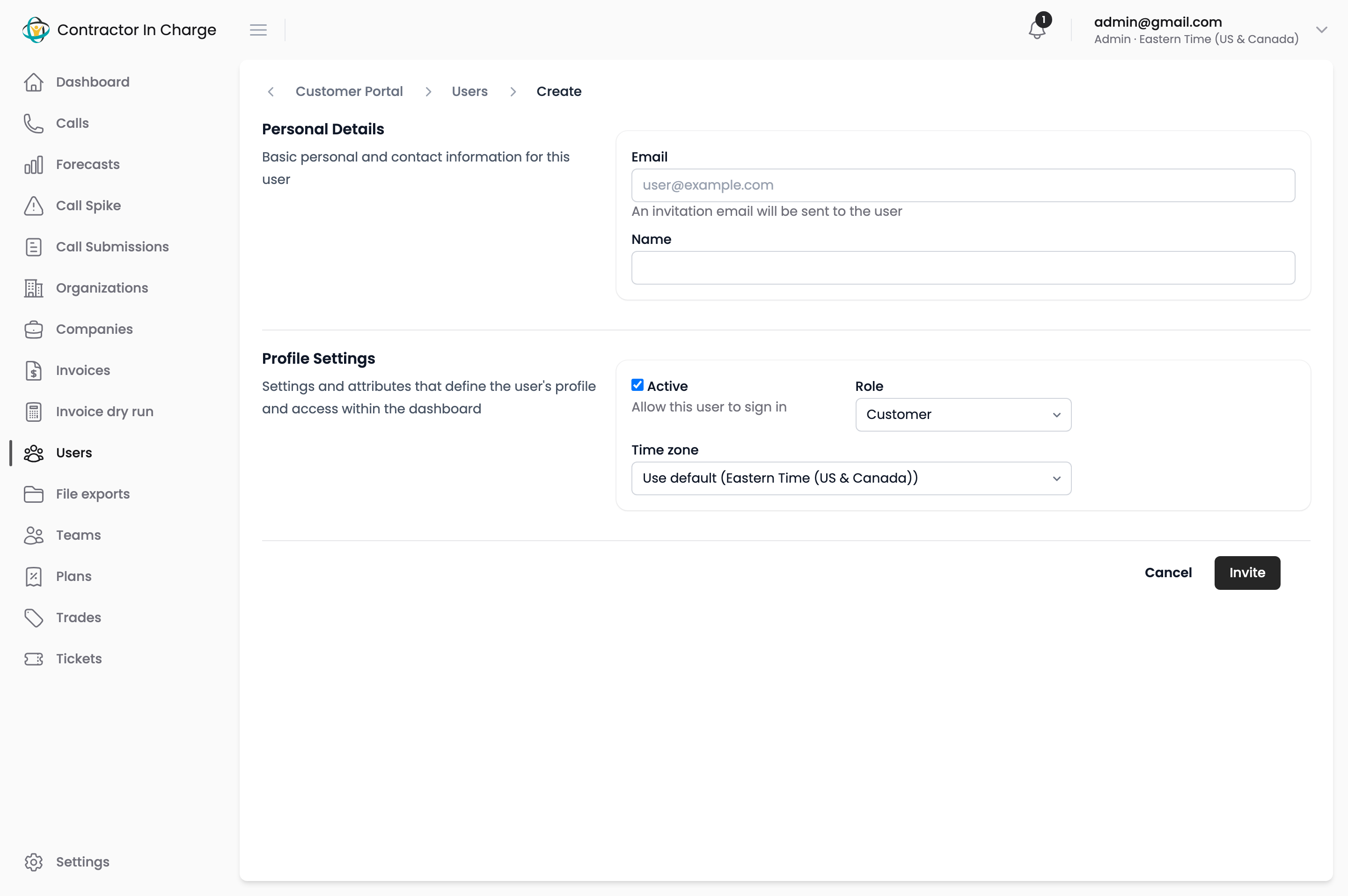 User form with the role selector